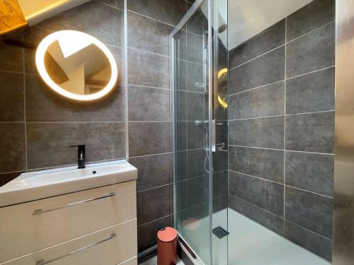 ein Bad mit einer Dusche, einem Waschbecken und einem Spiegel in der Unterkunft La grange du Ruet in Saint-Hilaire-Saint-Mesmin
