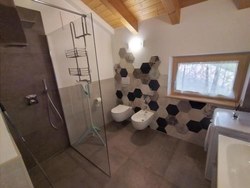 a bathroom with a shower and a toilet and a sink at Ciasa Erica - Val di Non in Predaia