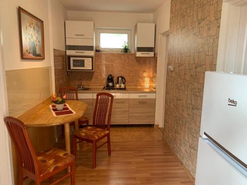 シャーロシュパタクにあるBraun vendégházのキッチン(テーブル、椅子、冷蔵庫付)