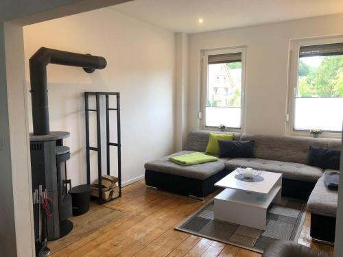 a living room with a couch and a fireplace at Ferienhaus-Am-Eichholz in Ilsenburg