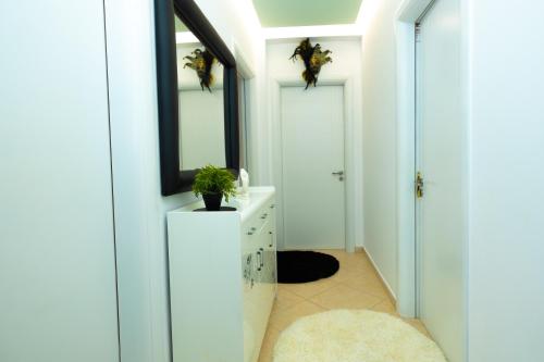 a bathroom with a mirror and a white cabinet with a plant on it at Hana apartament hot tub in Vlorë