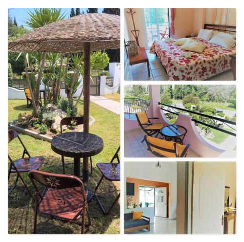 a collage of four pictures with a table and an umbrella at Vaggelis Apartments in Roda
