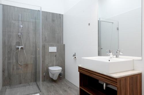 y baño con ducha, lavabo y aseo. en Apartments 4 you Red Star 8, en Viena