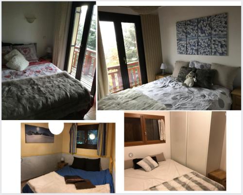 a collage of four pictures of a bedroom at Chalet Individuel Orcières Merlette 1850m Pied des Pistes Vue Magnifique sur les Montagnes in Orcières