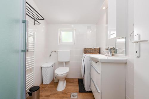 uma casa de banho branca com um WC e um lavatório em Apartment Noa's Garden em Bibinje
