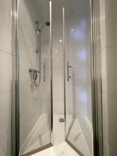 a shower with a glass door in a bathroom at Holiday in Spakenburg Ootje in Spakenburg