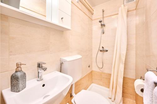 y baño con aseo, lavabo y ducha. en Lina apartments en Umag