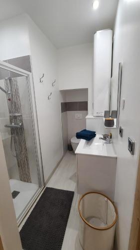 une salle de bain avec une douche, un lavabo et des toilettes dans l'établissement CHIC & MODERNE au coeur de la vie embrunaise, à Embrun