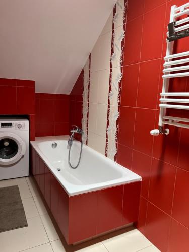 a red bathroom with a sink and a washing machine at Dom pod klonami in Szczytno