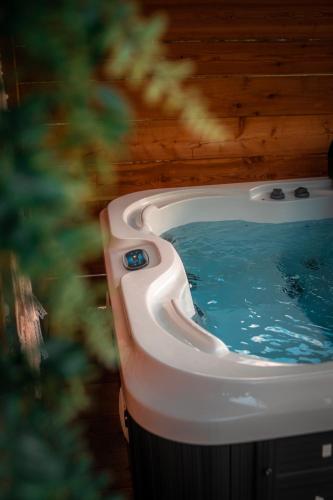 a bath tub with blue water in a room at Glamping Gozdna Jasa in Bovec