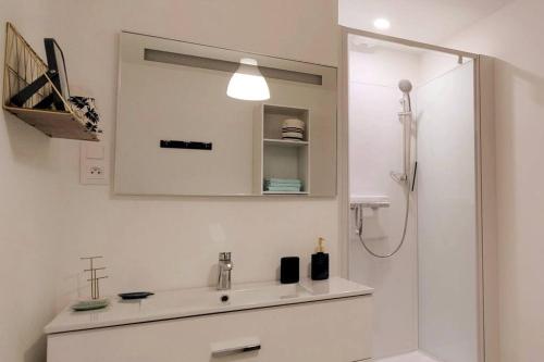 La salle de bains est pourvue d'une douche, d'un lavabo et d'un miroir. dans l'établissement Belle époque, à Granville
