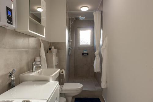 ein Bad mit einem Waschbecken, einem WC und einer Dusche in der Unterkunft Uniklinik-Nähe Modernes Apartment, mit Balkon in Wuppertal