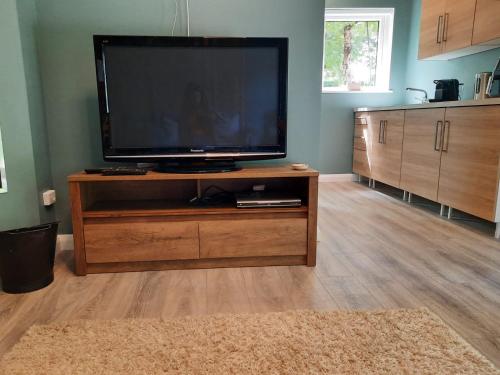 uma sala de estar com uma televisão de ecrã plano num centro de entretenimento em madeira em Studio em Letterkenny