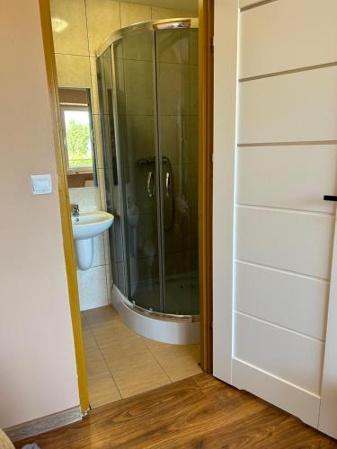 La salle de bains est pourvue d'une douche et d'un lavabo. dans l'établissement Pensjonat Wiktoria, à Międzywodzie