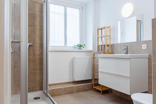 La salle de bains est pourvue d'une douche et d'un lavabo. dans l'établissement Apartments am Hauptbahnhof, à Rostock