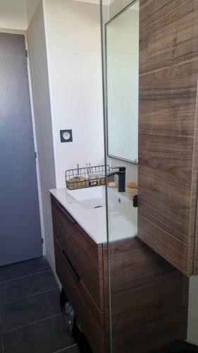une salle de bain avec un lavabo et une douche en verre dans l'établissement Martigues centre, à Martigues