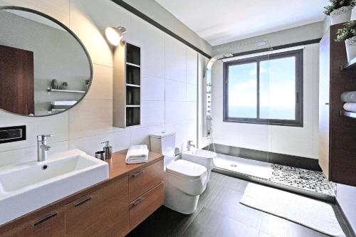 La salle de bains est pourvue d'un lavabo, de toilettes et d'un miroir. dans l'établissement Vivienda Vacacional Gamonal, à Tijarafe