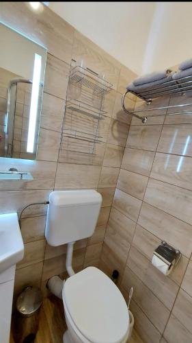 a bathroom with a white toilet and a mirror at MP Center Magánszállás in Miskolc
