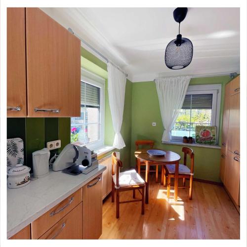 a kitchen with green walls and a table and chairs at Ingrid’s Guesthouse Spittal in Spittal an der Drau