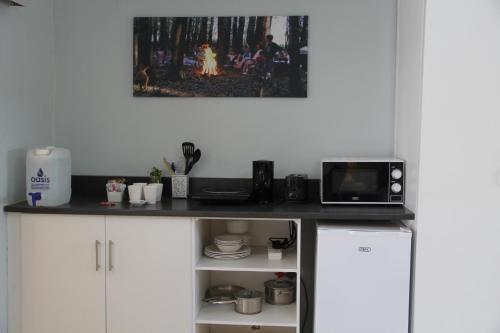 a kitchen with a counter with a microwave on it at @karoo Guesthouse in Graaff-Reinet