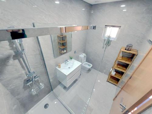 y baño con lavabo, aseo y ducha. en Campo Seco, en Vieira do Minho