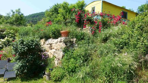 a house on a hill with plants and flowers at La Ferme De Chenevier, La Roulotte Fleurie 2/4pers in Saint-Victor