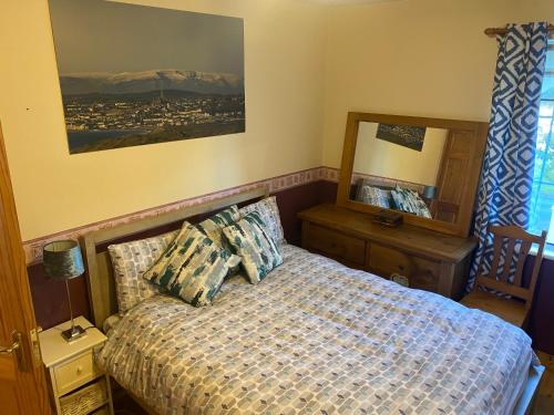 Schlafzimmer mit einem Bett und einem Spiegel in der Unterkunft 3 Bed town house 10 min from beach in Tramore