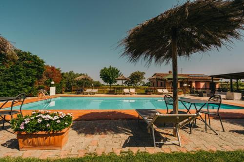a swimming pool with a table and an umbrella at Agriturismo il Laghetto in Grosseto
