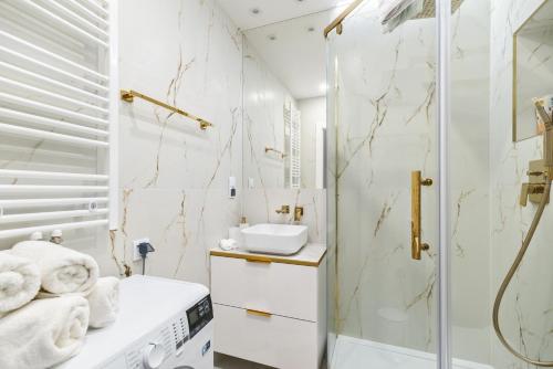 W łazience znajduje się prysznic i umywalka. w obiekcie Angielska Grobla Apartments w Gdańsku