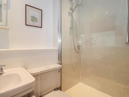 a bathroom with a shower and a toilet and a sink at High Stile in Keswick