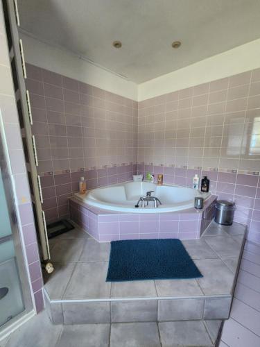 a bath tub in a bathroom with purple tiles at Maison de campagne dans le vignoble champenois 