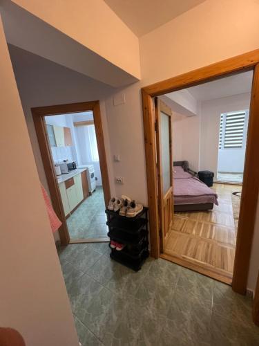 a view of a room with a door and a bedroom at Studio in the city center in Nehoiu
