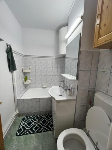 a small bathroom with a toilet and a sink at Studio in the city center in Nehoiu