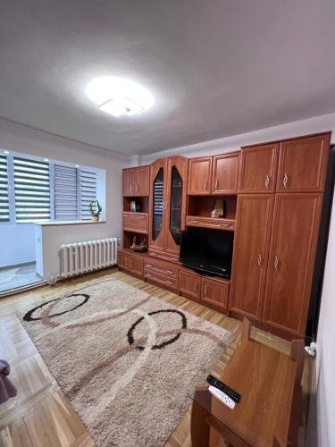 a living room with wooden cabinets and a rug at Studio in the city center in Nehoiu