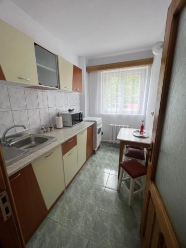 a small kitchen with a sink and a table at Studio in the city center in Nehoiu