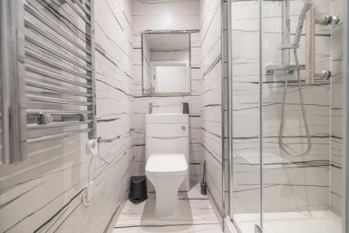 uma casa de banho branca com um WC e um espelho. em The Pocklington - The Graduate Suite em Leicester