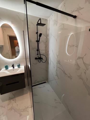 bagno con doccia, lavandino e specchio di Apartment Ana - City Center a Belgrado