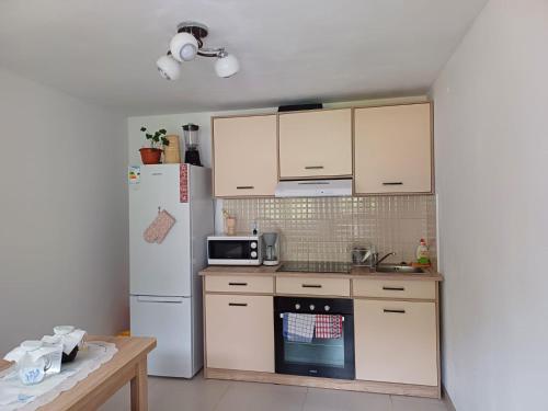 eine Küche mit weißen Schränken und einem Kühlschrank in der Unterkunft Cabana Acasă la Delia in Gârda de Sus