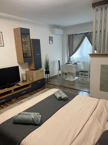 een slaapkamer met een groot bed en een woonkamer bij luxury central studio in Hunedoara