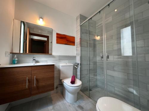 uma casa de banho com um WC e uma cabina de duche em vidro. em MARINA 24 by SOM Menorca em Fornells