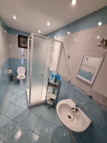 bagno con lavandino, doccia e servizi igienici di Ubytování - Černá hora II a Svoboda nad Úpou