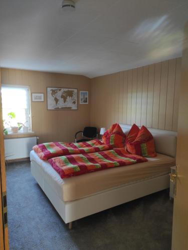 a bedroom with a large bed with red pillows at Ferienwohnung Detlev 