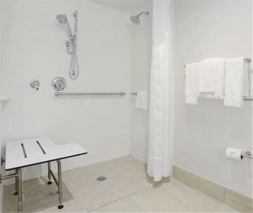 baño blanco con ducha y lavamanos en Holiday Inn Express Indianapolis - Fishers, an IHG Hotel, en Fishers