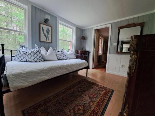 um quarto com uma cama com almofadas e um espelho em A privately located home/ newly renovated on National Forest a one of a kind. em Conway