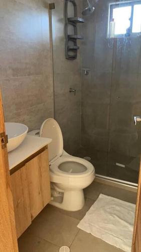a bathroom with a toilet and a shower at Hermoso apartamento en el corazon del carnaval in Barranquilla