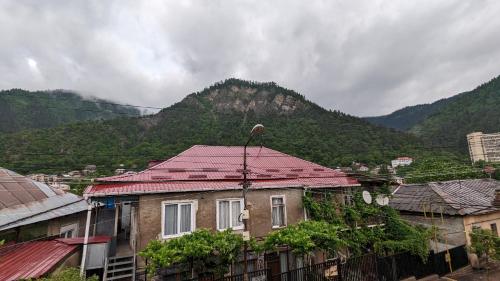 a group of houses with a mountain in the background at Shera in Borjomi