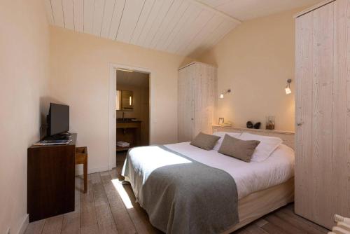 サン・クレマン・デ・バレーヌにあるLe Chat Bottéのベッドルーム(大型ベッド1台、テレビ付)