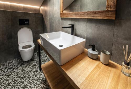 a bathroom with a white sink and a toilet at Rooms Svoboda in Olomouc