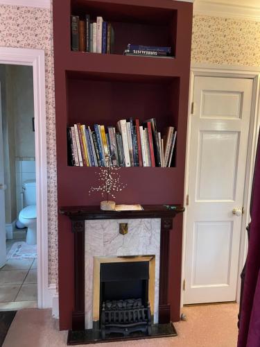a fireplace in a living room with a shelf of books at Hillcrest Bed and Breakfast in Jim Thorpe