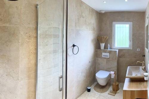 uma casa de banho com um chuveiro, um WC e um lavatório. em Belle villa avec jardin piscine et salle de sport em Montauroux